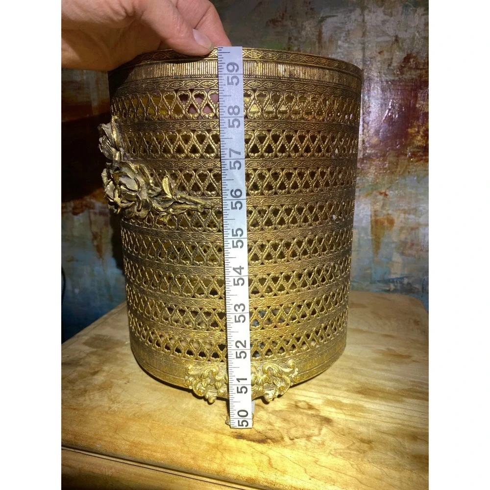 Vintage Ornate Brass Filigree Wastebasket Rose Floral Hollywood Regency 10in